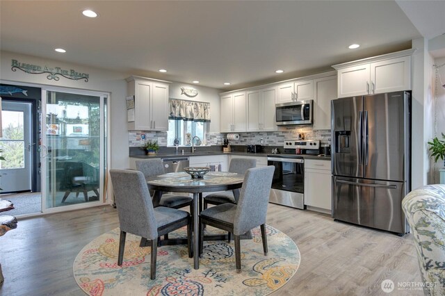 1436 Sand Pebble Ave SW, Ocean Shores, WA 98569 - kitchen featuring decorative backsplash, dark countertops, white cabinets, and stainless steel appliances