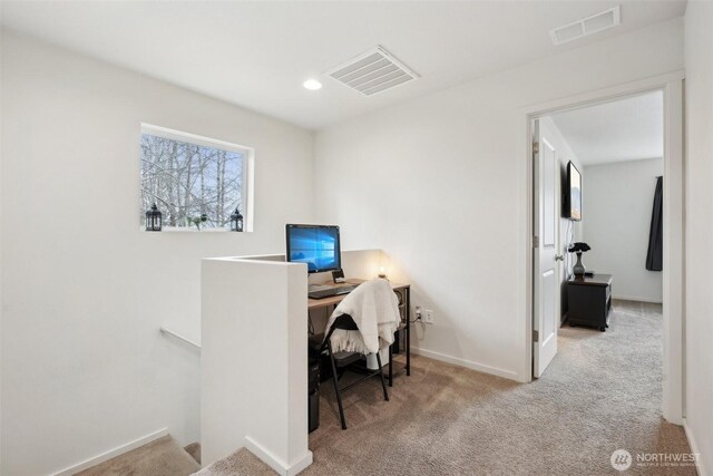 office area featuring visible vents, carpet flooring, baseboards, and recessed lighting
