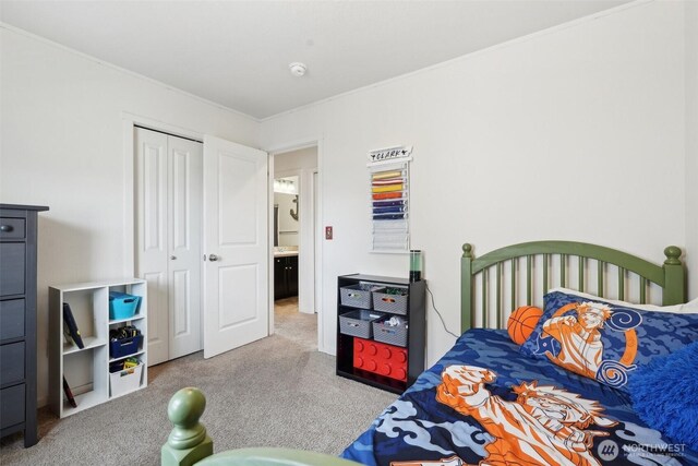 bedroom featuring carpet floors, crown molding, and a closet