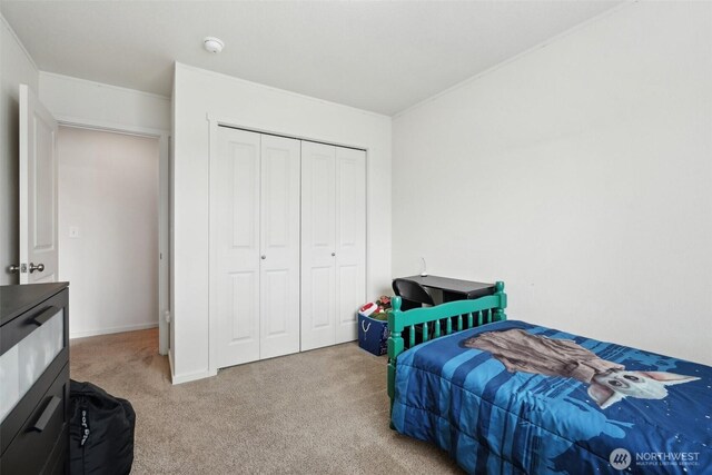 carpeted bedroom with crown molding, baseboards, and a closet