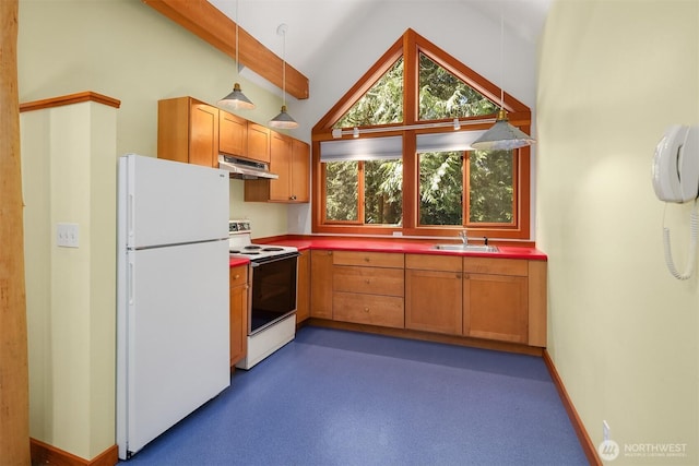 kitchen with range with electric cooktop, a sink, baseboards, freestanding refrigerator, and under cabinet range hood