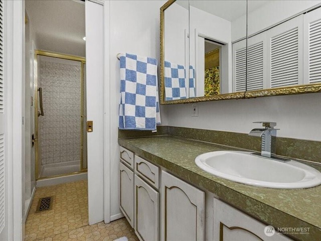 3616 SW 325th St, Federal Way, WA 98023 - bathroom featuring a closet, vanity, a stall shower, and tile patterned flooring