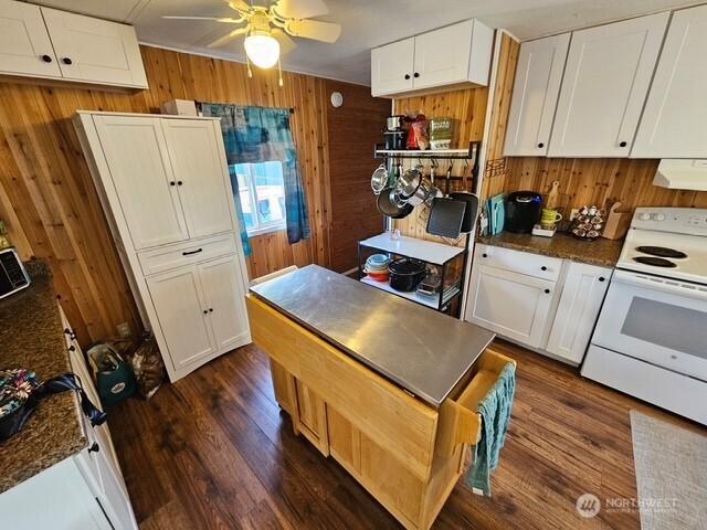 6505 Fawn Ln Unit 4, Long Beach, WA 98631 - kitchen with white cabinets, range hood, wooden walls, white electric range, and ceiling fan