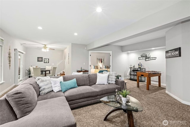 17406 Redhawk Dr, Arlington, WA 98223 - carpeted living area featuring recessed lighting, baseboards, and ceiling fan