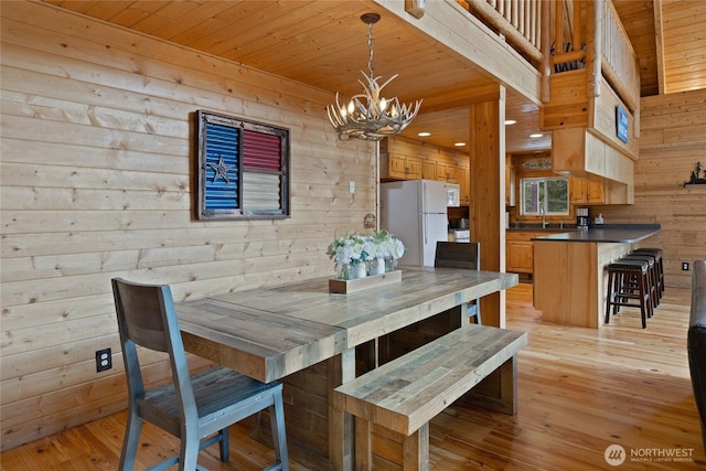 791 Lake Forest Dr, Ronald, WA 98940 - dining room featuring wooden walls, recessed lighting, wood ceiling, light wood finished floors, and a notable chandelier