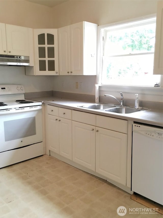 5011 8th Ave NE, Seattle, WA 98105 - kitchen with white cabinetry, a sink, under cabinet range hood, and white appliances
