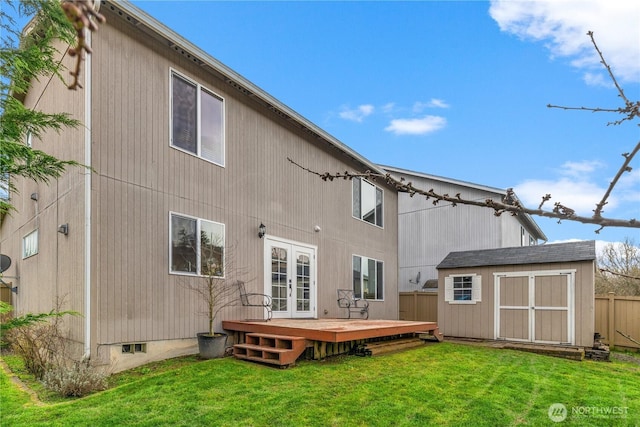 1625 185th Street Ct E, Spanaway, WA 98387 - back of property featuring french doors, a deck, and a storage shed