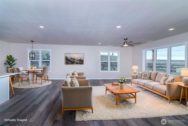 16283 Hwy 97, Ellensburg, WA 98926 - living room with recessed lighting, dark wood-type flooring, and ceiling fan