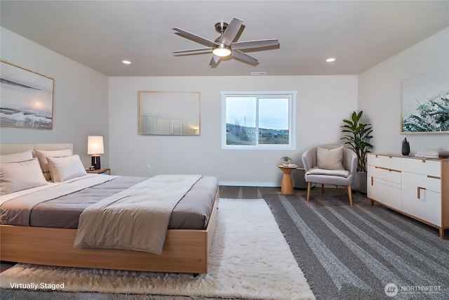 16283 Hwy 97, Ellensburg, WA 98926 - bedroom with recessed lighting, a ceiling fan, and dark colored carpet