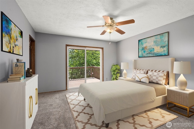 1918 SE Maple Dr, Chehalis, WA 98532 - bedroom with access to exterior, carpet, a textured ceiling, and ceiling fan