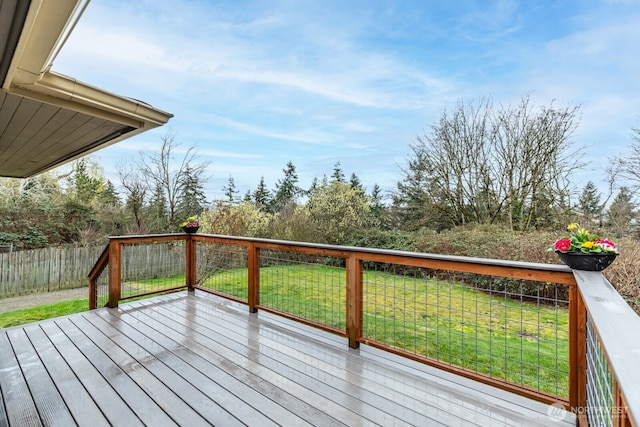 deck featuring fence and a yard