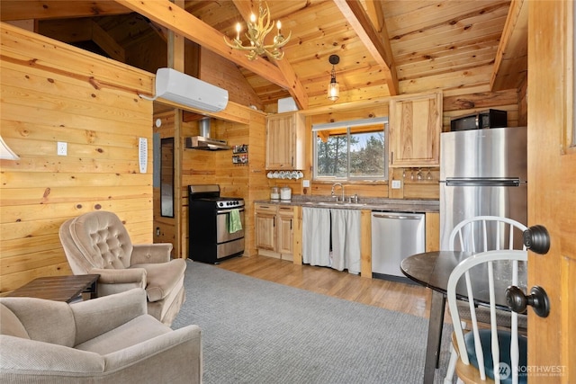 kitchen with wooden walls, lofted ceiling with beams, stainless steel appliances, wood ceiling, and a notable chandelier