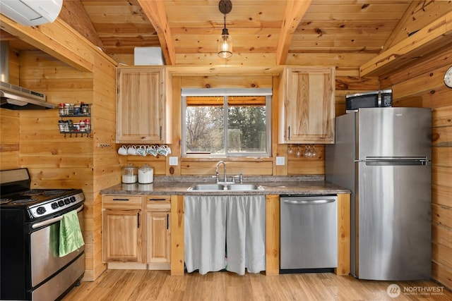 kitchen featuring a sink, stainless steel appliances, wooden ceiling, wood walls, and vaulted ceiling with beams