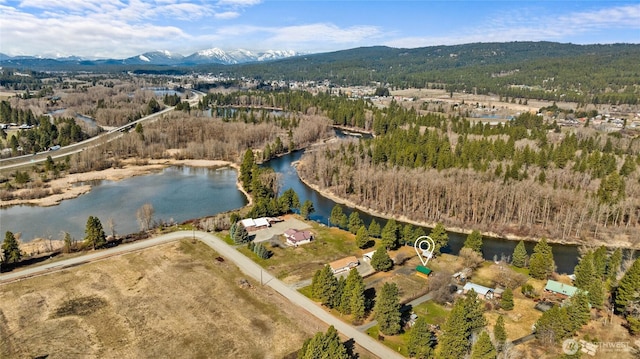 bird's eye view featuring a view of trees and a water and mountain view