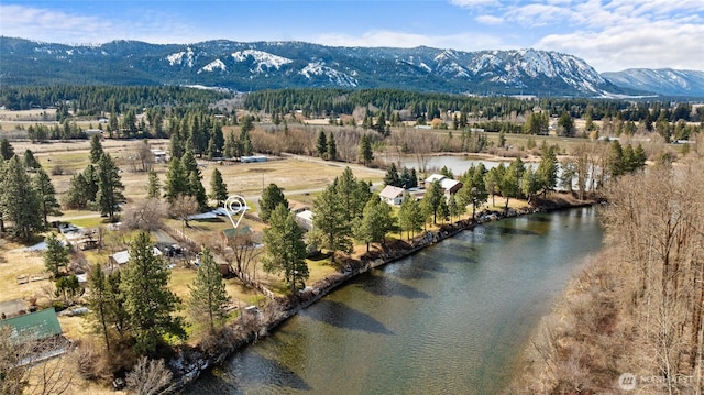 birds eye view of property with a water and mountain view