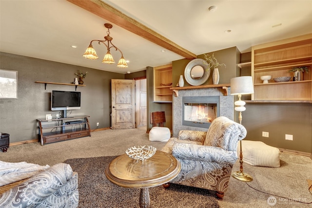 21401 161st Ave E, Graham, WA 98338 - carpeted living room with beam ceiling, an inviting chandelier, a tile fireplace, and baseboards