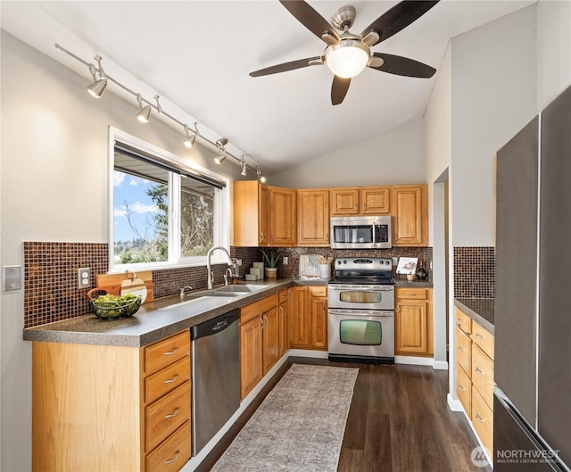 kitchen with dark wood-type flooring, a ceiling fan, dark countertops, stainless steel appliances, and lofted ceiling
