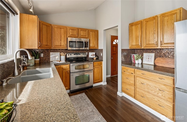 kitchen featuring high vaulted ceiling, dark wood-style flooring, a sink, decorative backsplash, and appliances with stainless steel finishes