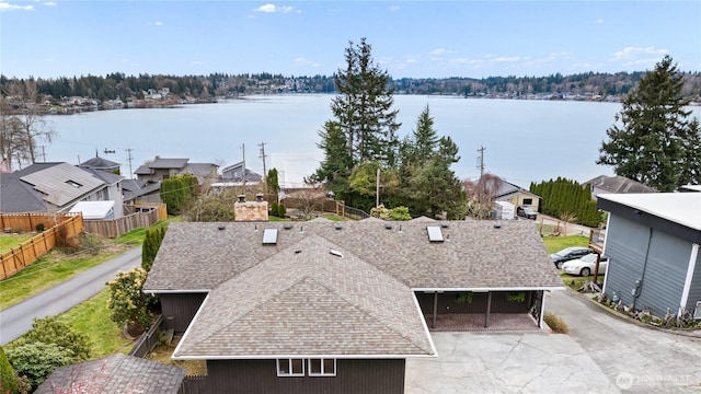 aerial view featuring a water view