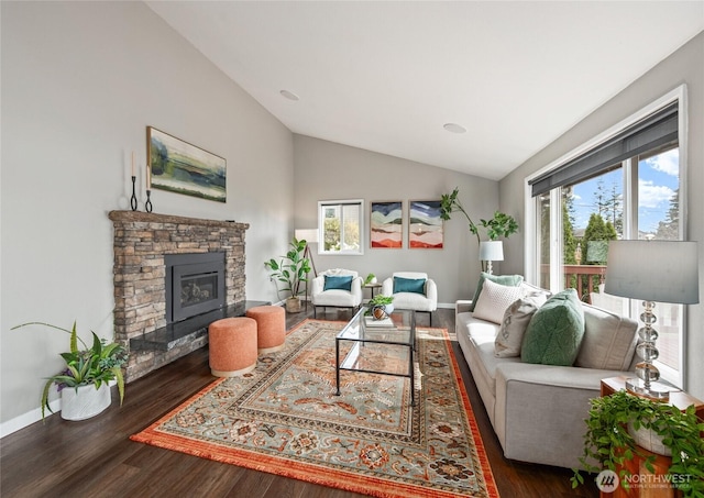 living area featuring baseboards, wood finished floors, and vaulted ceiling