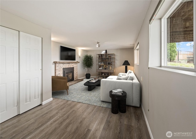living room featuring a fireplace, wood finished floors, and baseboards