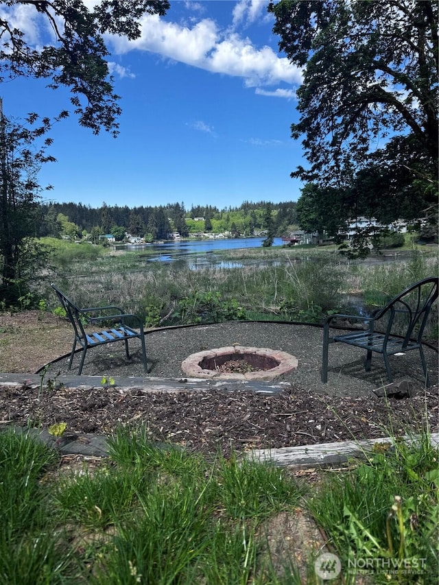 10231 Kiwa Dr SE, Olympia, WA 98513 - view of yard featuring a forest view, a water view, and a fire pit