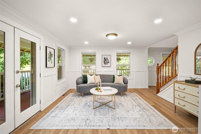 30427AVE SE 204th, Kent, WA 98042 - living area featuring a decorative wall, stairway, crown molding, wood finished floors, and recessed lighting