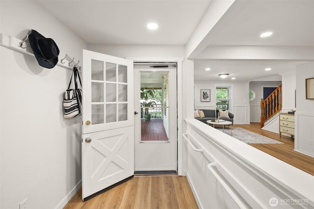 30427AVE SE 204th, Kent, WA 98042 - doorway with light wood-style flooring, stairs, and recessed lighting