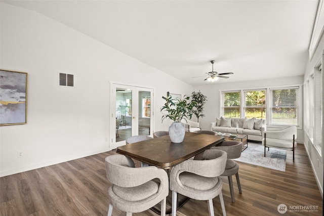 30427AVE SE 204th, Kent, WA 98042 - dining area with lofted ceiling, a ceiling fan, french doors, and dark wood finished floors