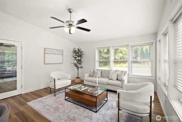 30427AVE SE 204th, Kent, WA 98042 - living area featuring ceiling fan, lofted ceiling, and wood finished floors