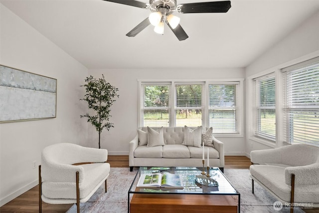 30427AVE SE 204th, Kent, WA 98042 - living room featuring ceiling fan, wood finished floors, and vaulted ceiling