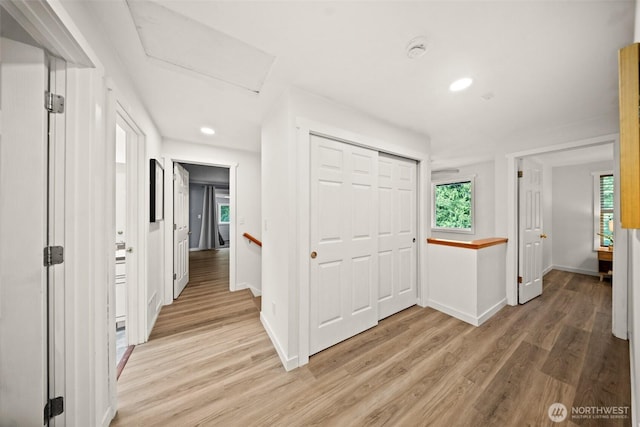 30427AVE SE 204th, Kent, WA 98042 - hall featuring light wood-style flooring, recessed lighting, and attic access