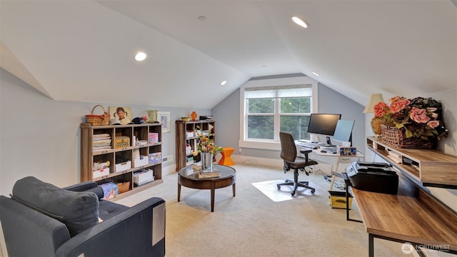 office area featuring recessed lighting, light colored carpet, baseboards, and lofted ceiling