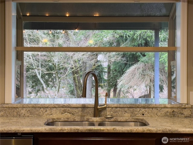 details with light stone countertops, a sink, and dishwasher