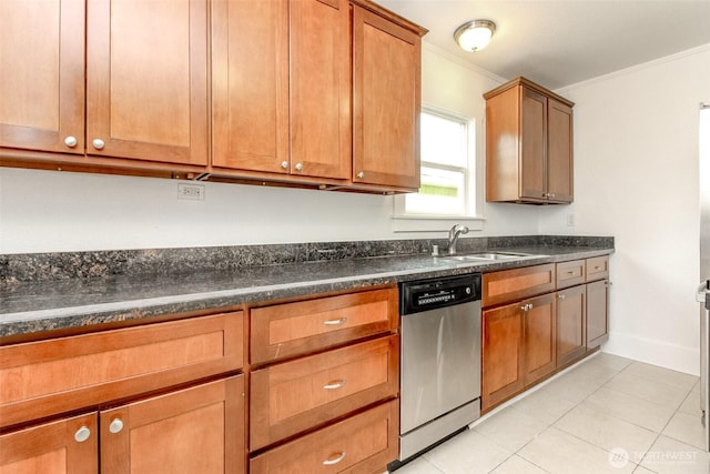 515 S 37th, Tacoma, WA 98418 - kitchen with light tile patterned floors, ornamental molding, stainless steel dishwasher, a sink, and brown cabinetry