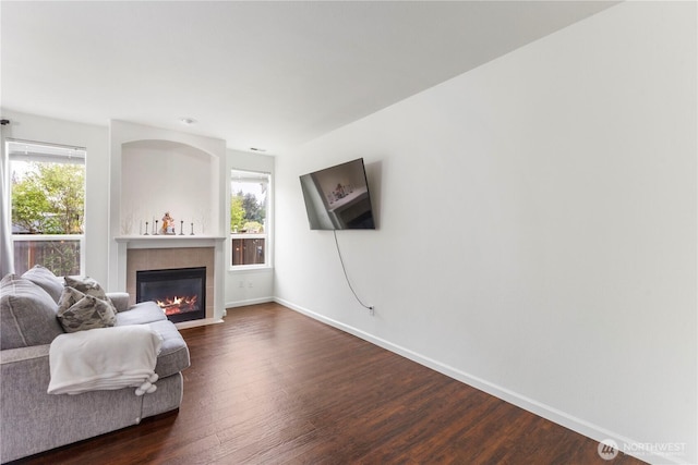 living area with baseboards, dark wood finished floors, and a fireplace