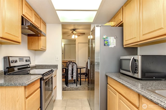 17514 151st Ave SE Unit 1-16, Renton, WA 98058 - kitchen featuring under cabinet range hood, stainless steel appliances, light tile patterned flooring, and light brown cabinetry