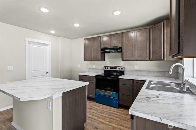425 Pear Dr, Tieton, WA 98947 - kitchen featuring light countertops, stainless steel electric stove, under cabinet range hood, and a sink