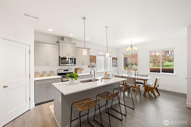 kitchen featuring decorative backsplash, light countertops, visible vents, appliances with stainless steel finishes, and a sink