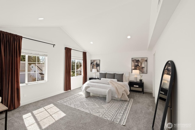 bedroom featuring baseboards, vaulted ceiling, carpet floors, and recessed lighting