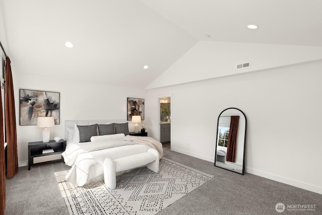 bedroom with carpet, high vaulted ceiling, baseboards, visible vents, and recessed lighting