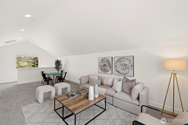carpeted living room featuring baseboards, visible vents, recessed lighting, and vaulted ceiling