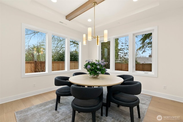 dining area featuring beam ceiling, a chandelier, recessed lighting, wood finished floors, and visible vents