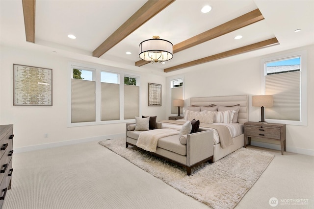 bedroom featuring carpet flooring, an inviting chandelier, recessed lighting, baseboards, and beamed ceiling