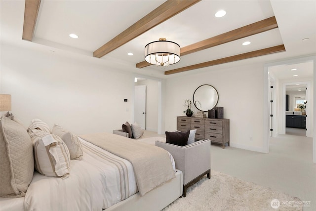 carpeted bedroom with an inviting chandelier, baseboards, recessed lighting, and beam ceiling