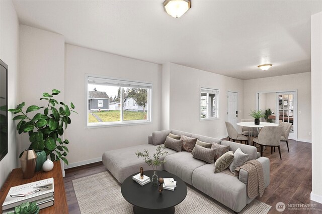 living room with baseboards and wood finished floors
