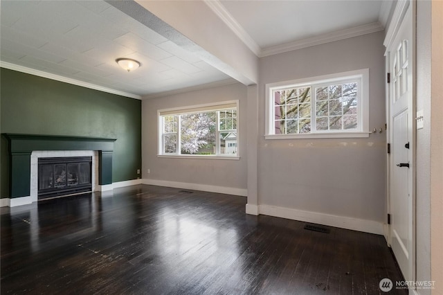 816 Washington St, Walla Walla, WA 99362 - unfurnished living room featuring crown molding, baseboards, wood-type flooring, and a glass covered fireplace