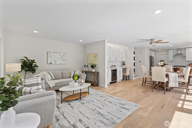 1825 112th Ave NE, Bellevue, WA 98004 - living room featuring wine cooler, light wood finished floors, recessed lighting, and a ceiling fan