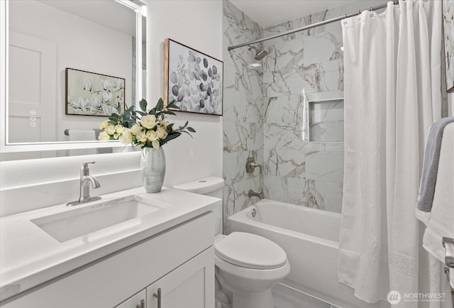 1825 112th Ave NE, Bellevue, WA 98004 - bathroom featuring toilet, shower / bathtub combination with curtain, and vanity