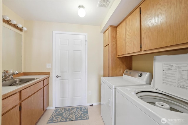 858 Livingston Bay Shore Dr, Camano Island, WA 98282 - washroom featuring baseboards, separate washer and dryer, a sink, visible vents, and cabinet space